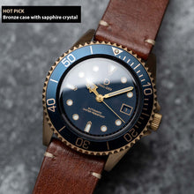 Load image into Gallery viewer, 42mm Blue Bronze Dive Watch kit with Vintage Brown Strap | D03 Deep Blue Sandwich Dial with BGW9 SuperLume | Movement: Seiko Automatic