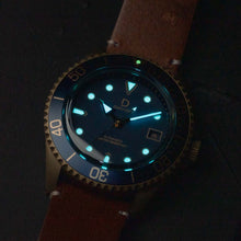 Load image into Gallery viewer, lume shot - 42mm Blue Bronze Dive Watch kit with Vintage Brown Strap | D03 Deep Blue Sandwich Dial with BGW9 SuperLume | Movement: Seiko Automatic
