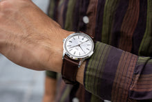 Load image into Gallery viewer, DWC - Silver domed sunray dial with applied silver indices and 6 o'clock date window (Miyota 8215 / 8315)