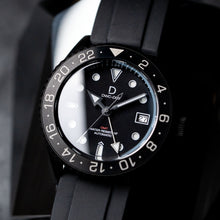 Load image into Gallery viewer, DIY Watch Kit | All Black GMT Diver | Seiko NH34 Automatic GMT | 24hr Stainless Steel PVD Bezel | DWC-D03 watchmaking kit
