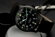 Load image into Gallery viewer, all black pilot lume shot - diy watch club - build your own watch - lume shot 