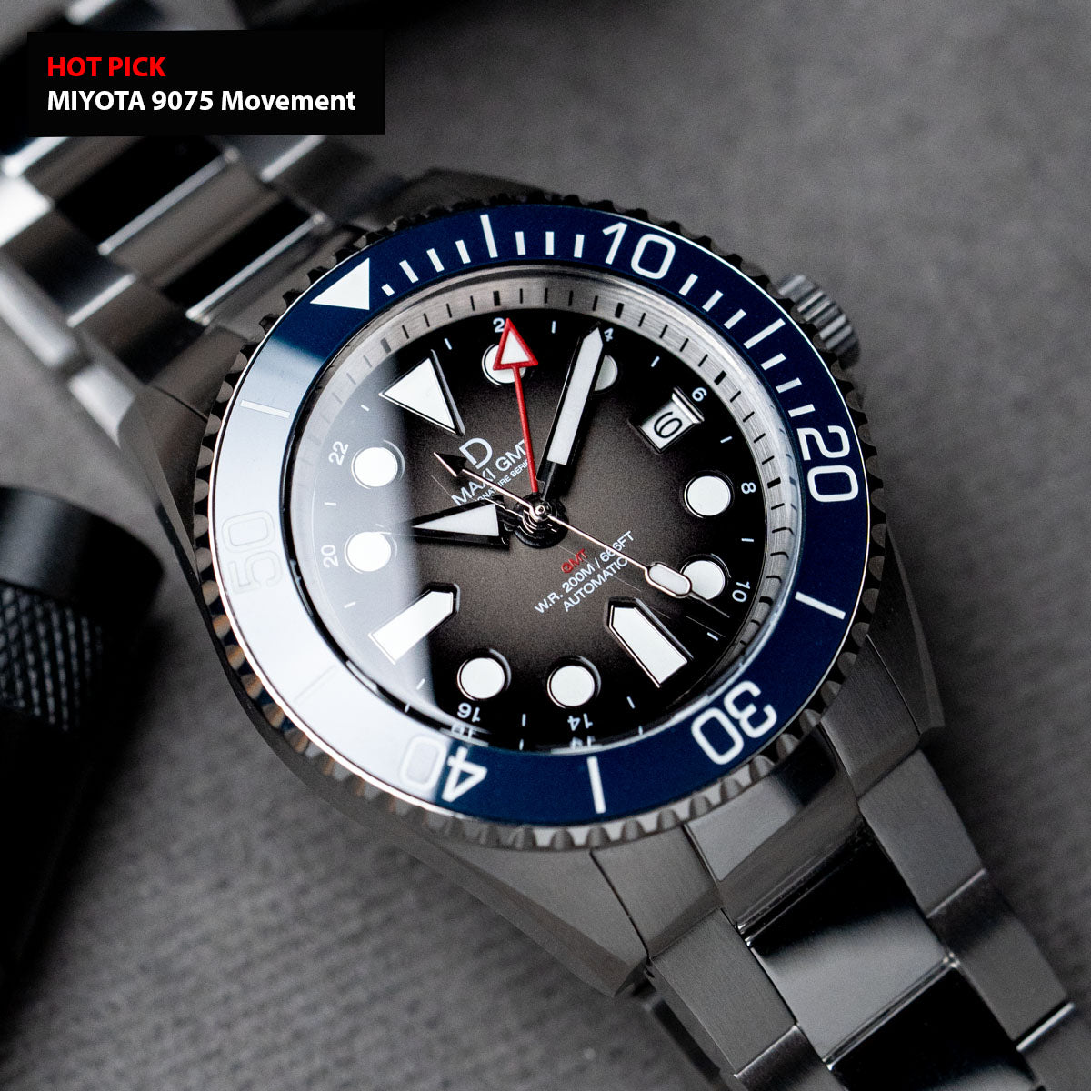 42mm Miyota 9075 GMT dive watch kit  | MAXI GMT (Signature) Fumé Lacquer dial - Blue ceramic