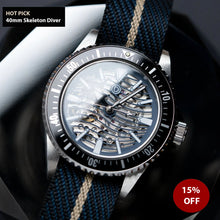 Load image into Gallery viewer, HOT PICK - 40mm Blue Wave Skeleton Dive Watch Kit with Nylon strap (TMI Silver NH70A) with tools and video instructions - diy watch club