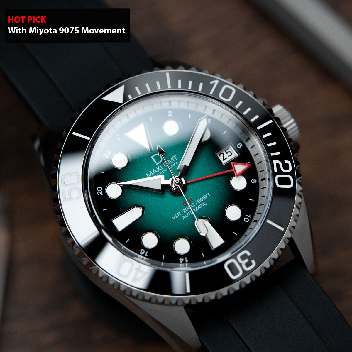 42mm Miyota 9075 GMT dive watch kit  | MAXI GMT (Signature) Green Fumé Lacquer dial