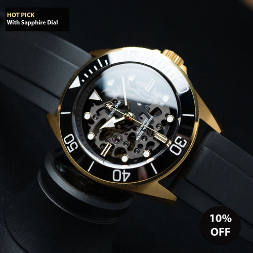 LIMITED - DIY Watchmaking Kit | 42mm NH70A Gold Dive Watch With Gold Sapphire Dial | DWC-D02S
