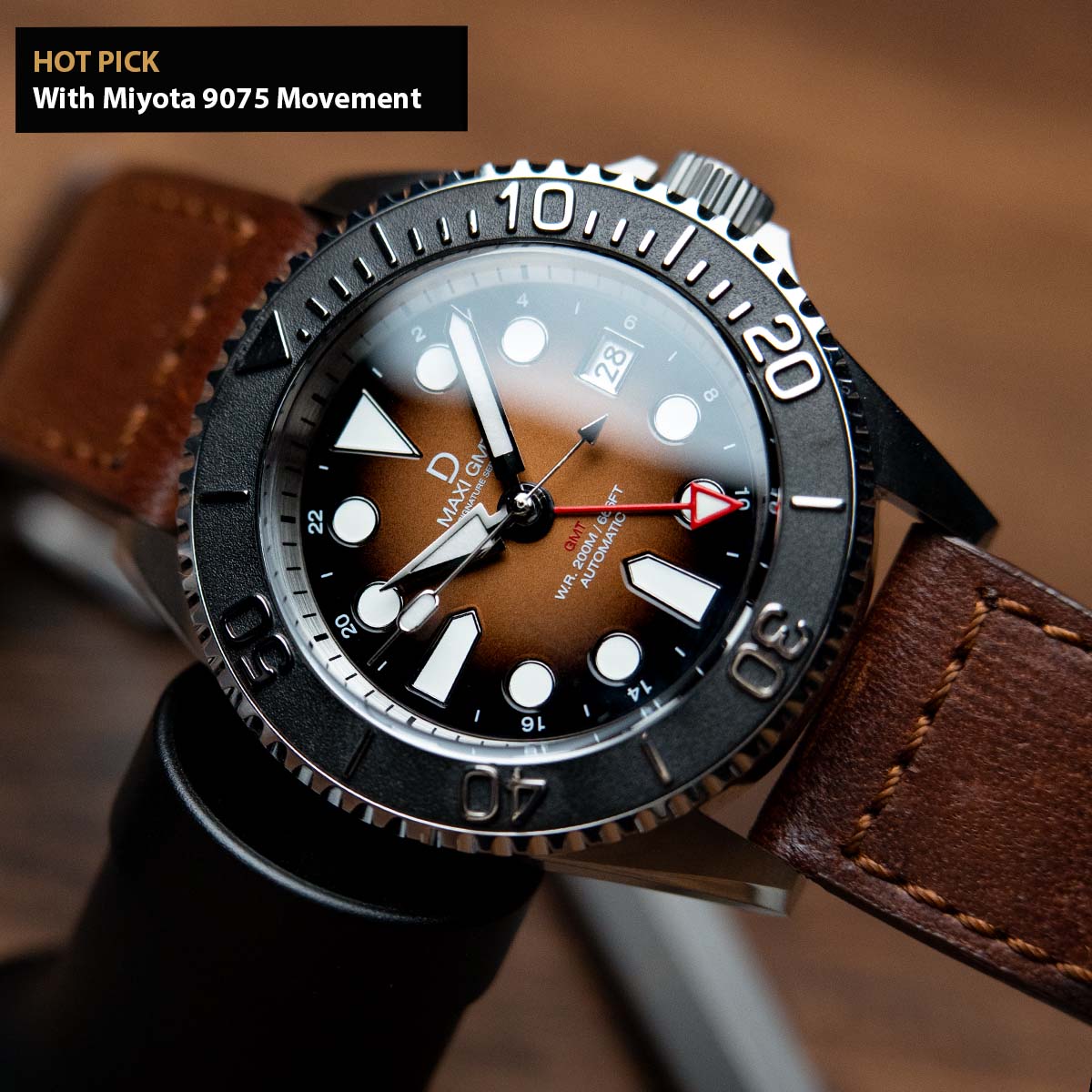42mm Miyota 9075 GMT dive watch kit  | MAXI GMT (Signature) Brown Fumé Lacquer dial