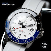 Load image into Gallery viewer, 42mm White dial &quot;Batman&quot; GMT Watch Kit | NH34 GMT Dive Watch | White FKM Rubber Band | Ceramic Blue-Black GMT Bezel | DWC-D03
