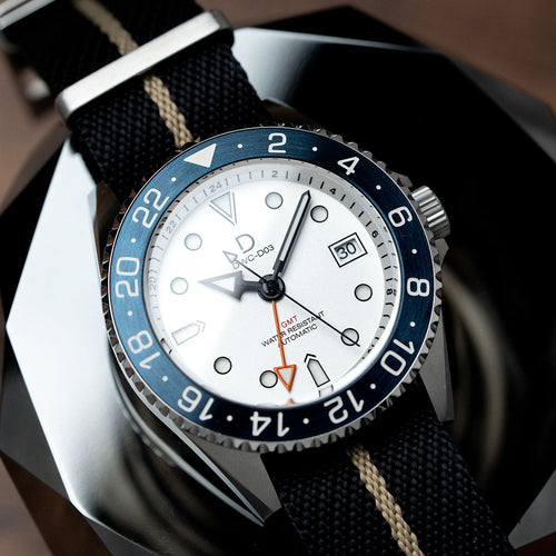 DIY Watch Kit | 42mm Blue GMT Dive Watch (white Sandwich Dial) | Seiko NH34 Automatic GMT | 24hr Blue Bezel (Stainless Steel) | DWC-D03