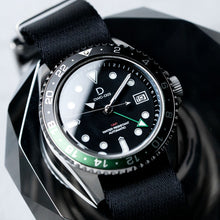 Load image into Gallery viewer, DIY Watch Kit | 42mm GMT Sprite Dive Watch | Seiko GMT movement | Aluminum-Steel Hybrid Green &amp; Black GMT Bezel | DWC-D03

