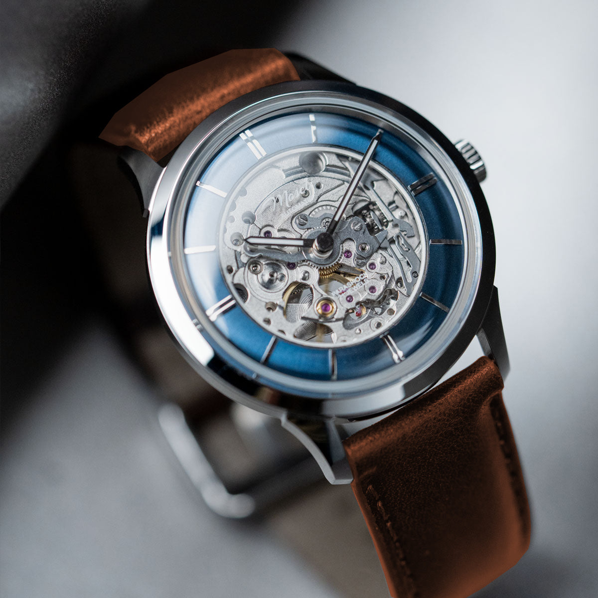 DIY Watchmaking Kit | 38.5mm Mosel (2025) series - Blue Skeleton Crystal Dial dress watch w/ Miyota 82S0 & Brown Strap