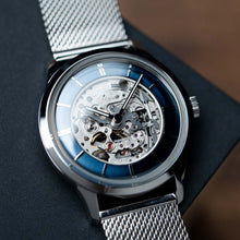 Load image into Gallery viewer, DIY Watchmaking Kit | 38.5mm Mosel (2025) series - Blue Skeleton Crystal Dial dress watch w/ Miyota 82S0 &amp; Silver Mesh Band