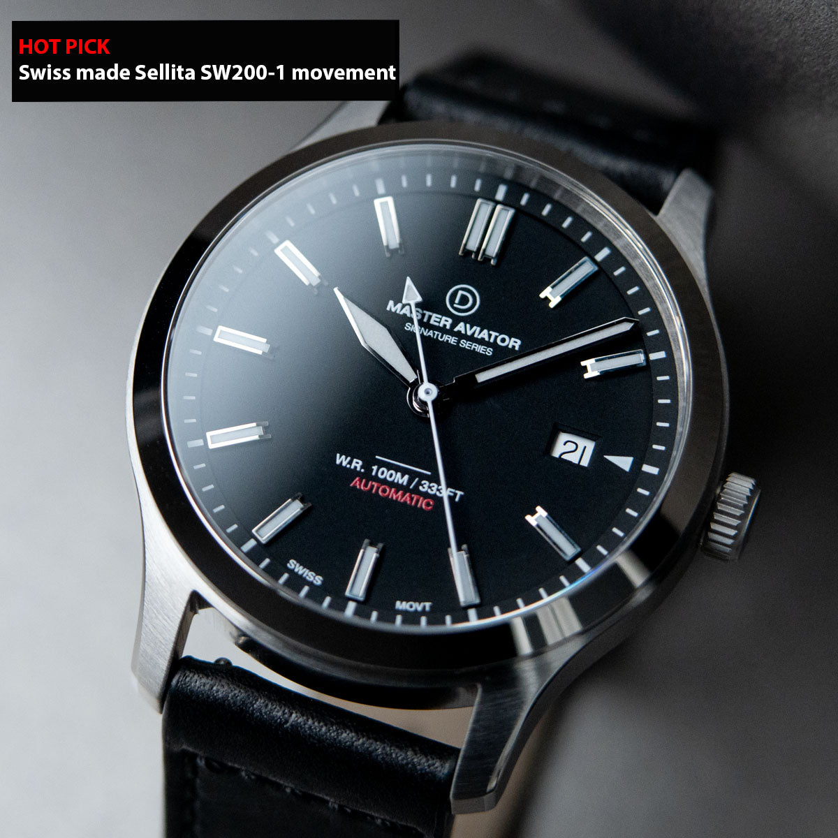 Swiss movement DIY Watch Kit | Pilot Watch with Sellita SW200-1 and black
 leather straps |DWC x EONIQ Signature Master Aviator