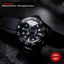 Load image into Gallery viewer, DIY Watch Kit | All Black GMT Diver | Seiko NH34 Automatic GMT | 24hr Stainless Steel PVD Bezel | DWC-D03 - watchmaking kit

