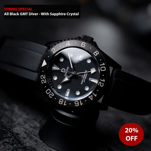 DIY Watch Kit | All Black GMT Diver | Seiko NH34 Automatic GMT | 24hr Stainless Steel PVD Bezel | DWC-D03 - watchmaking kit
