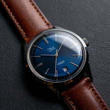 Load image into Gallery viewer, DIY Watchmaking Kit | 38.5mm Mosel with Date - Blue Vintage Dress Watch w/ Brown Strap &amp; Miyota 8215 or 8315