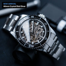 Load image into Gallery viewer, 40mm Crystal Dial Dive Watch Kit with Stainless Steel Bracelet (Seiko Silver NH70A) with tools and video instructions