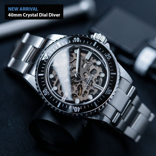 40mm Crystal Dial Dive Watch Kit with Stainless Steel Bracelet (Seiko Silver NH70A) with tools and video instructions