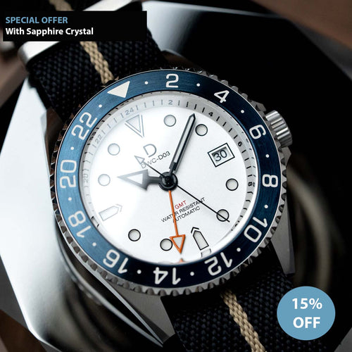 DIY Watch Kit | 42mm Blue GMT Dive Watch (white Sandwich Dial) | Seiko NH34 Automatic GMT | 24hr Blue Bezel (Stainless Steel) | DWC-D03