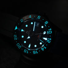 Load image into Gallery viewer, All Black PVD GMT watch Kit - PVD Diver GMT watch with a PVD stainless steel 24-hour bezel. Powered by automatic Seiko GMT movement - lBGW9 lume shot
