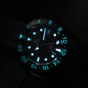 All Black PVD GMT watch Kit - PVD Diver GMT watch with a PVD stainless steel 24-hour bezel. Powered by automatic Seiko GMT movement - lBGW9 lume shot
