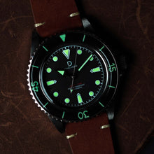 Load image into Gallery viewer, 40mm Vintage Dive Watch With Vintage strap &amp; Retro- Dome Acrylic Bezel Insert  (TMI NH35/ NH70 Movement) with tools and video instructions - lume shot

